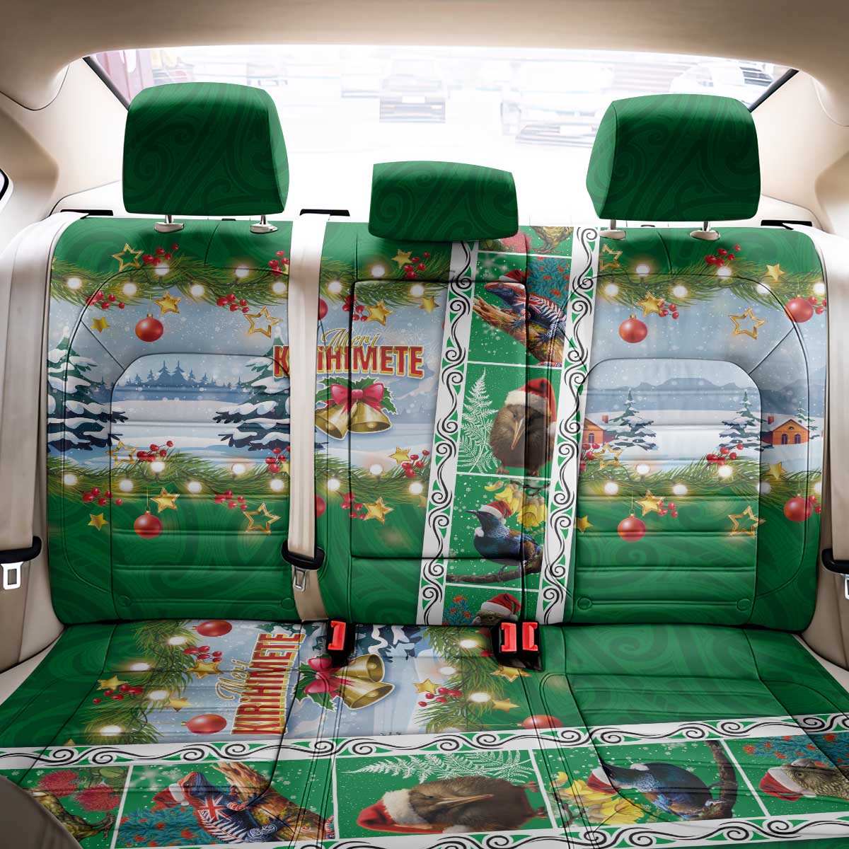 New Zealand Merry Christmas Back Car Seat Cover Maori Animals, Koru Tattoo - Green Xmas Style LT03 - Polynesian Pride