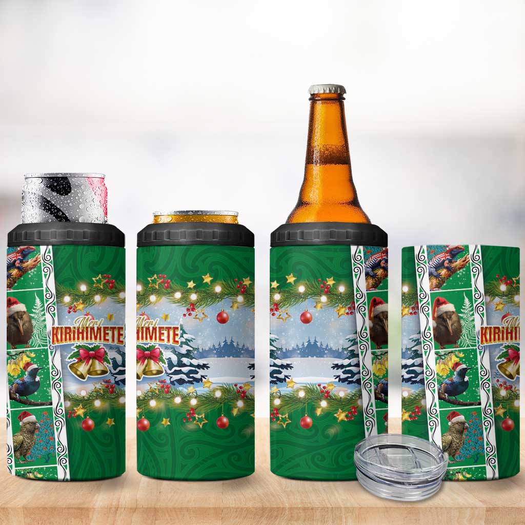 New Zealand Merry Christmas 4 in 1 Can Cooler Tumbler Maori Animals Xmas Style and Koru Tattoo Green Color LT03 - Polynesian Pride
