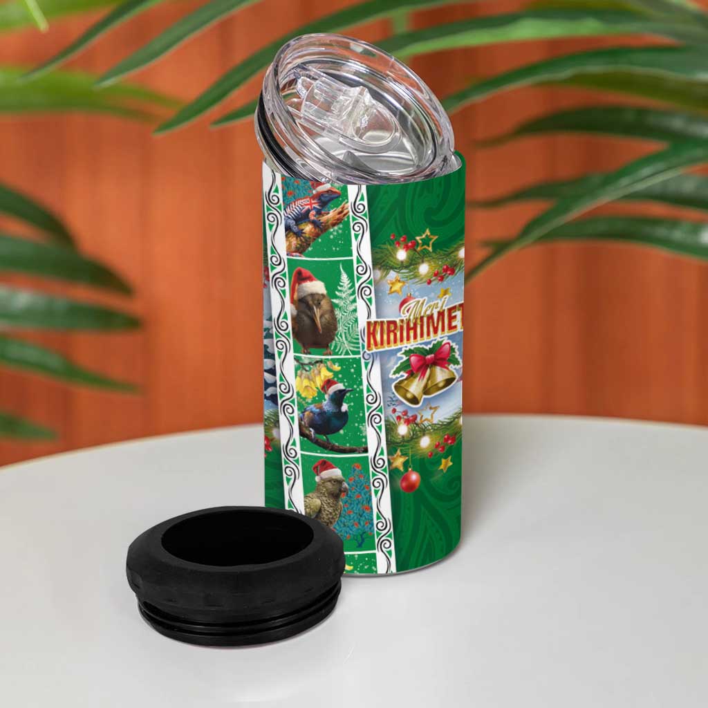 New Zealand Merry Christmas 4 in 1 Can Cooler Tumbler Maori Animals Xmas Style and Koru Tattoo Green Color LT03 - Polynesian Pride