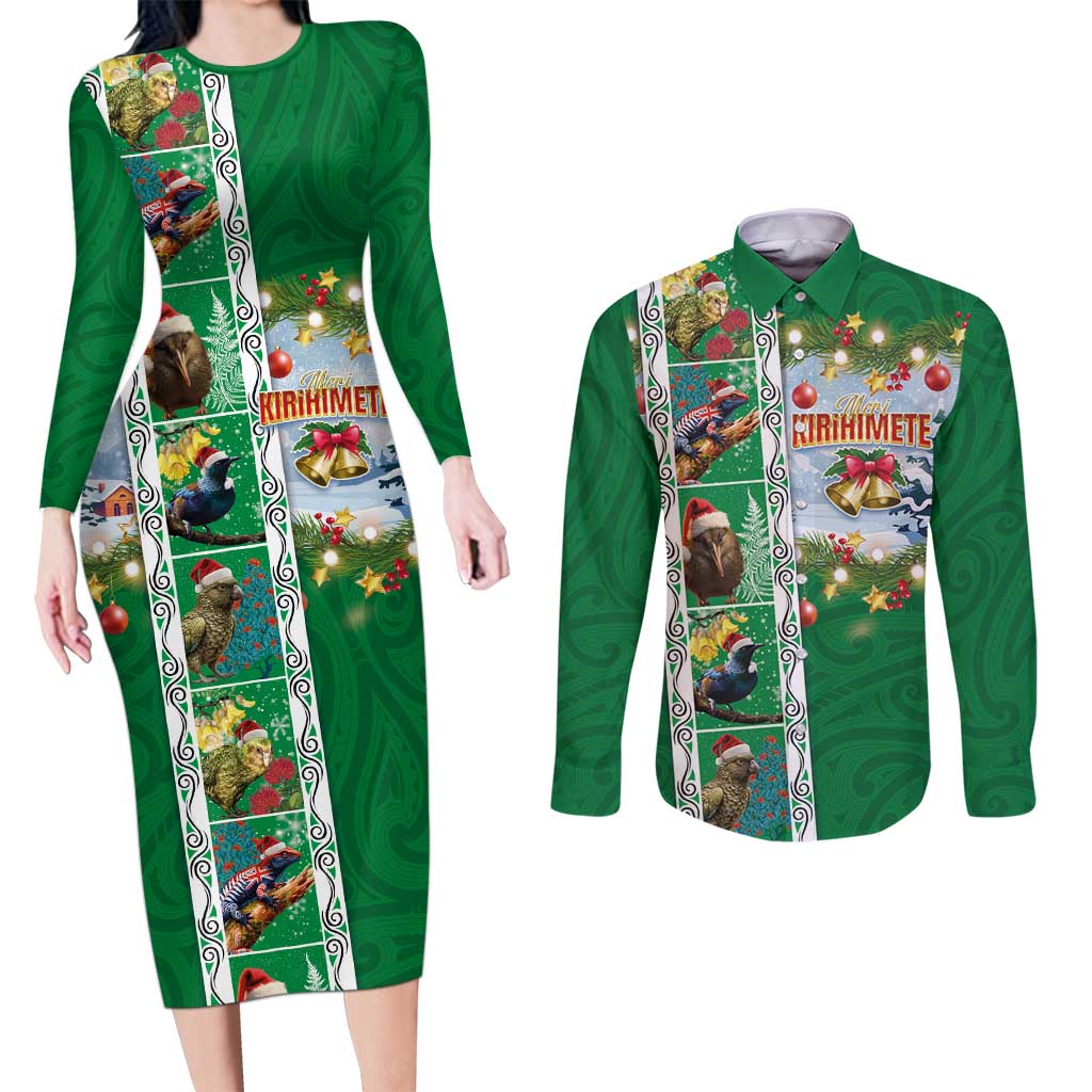 New Zealand Merry Christmas Couples Matching Long Sleeve Bodycon Dress and Long Sleeve Button Shirt Maori Animals, Koru Tattoo - Green Xmas Style LT03 Green - Polynesian Pride