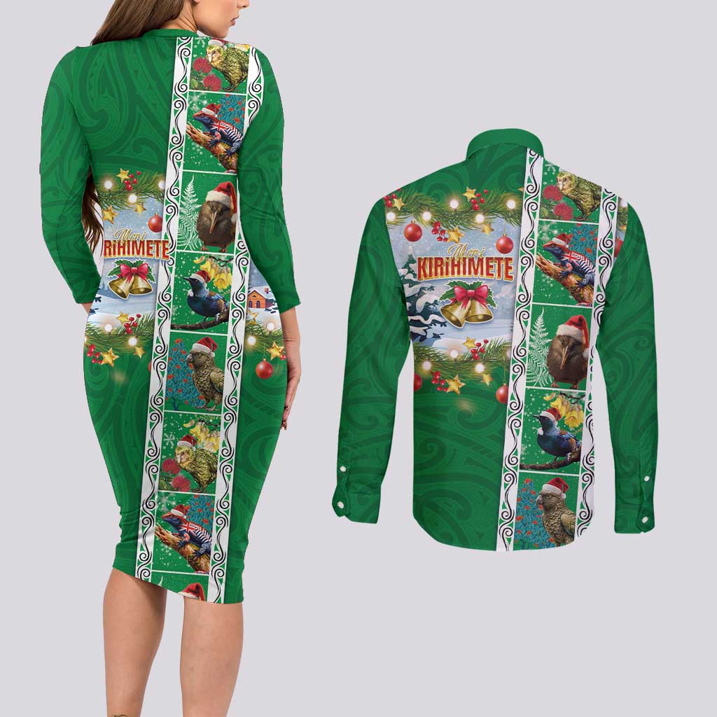 New Zealand Merry Christmas Couples Matching Long Sleeve Bodycon Dress and Long Sleeve Button Shirt Maori Animals, Koru Tattoo - Green Xmas Style LT03 - Polynesian Pride