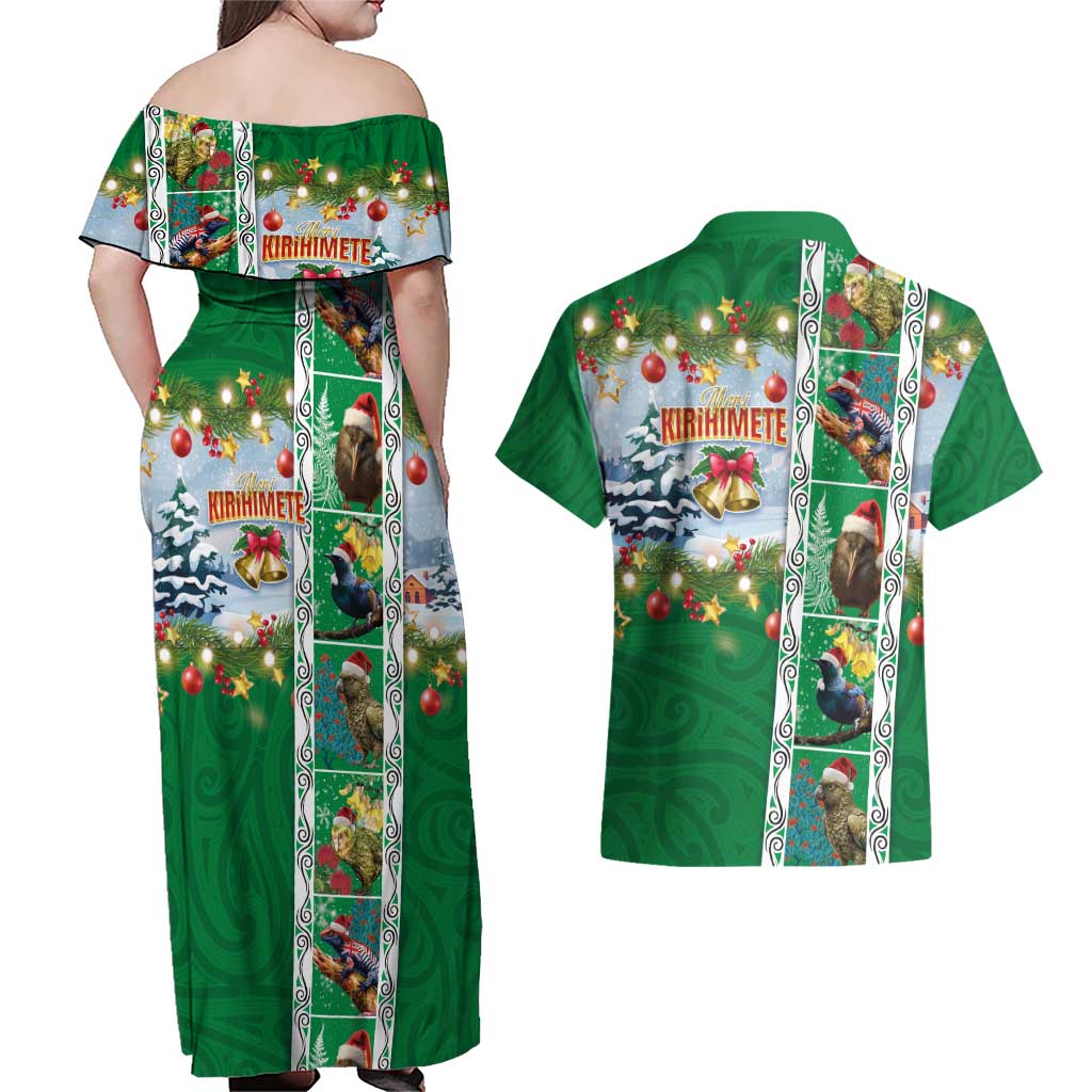 New Zealand Merry Christmas Couples Matching Off Shoulder Maxi Dress and Hawaiian Shirt Maori Animals, Koru Tattoo - Green Xmas Style LT03 - Polynesian Pride