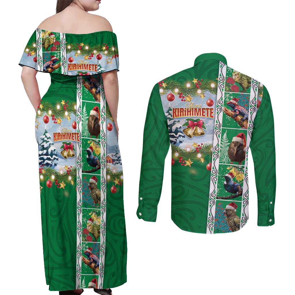 New Zealand Merry Christmas Couples Matching Off Shoulder Maxi Dress and Long Sleeve Button Shirt Maori Animals, Koru Tattoo - Green Xmas Style LT03 - Polynesian Pride