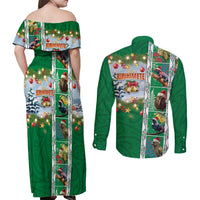 New Zealand Merry Christmas Couples Matching Off Shoulder Maxi Dress and Long Sleeve Button Shirt Maori Animals, Koru Tattoo - Green Xmas Style LT03 - Polynesian Pride