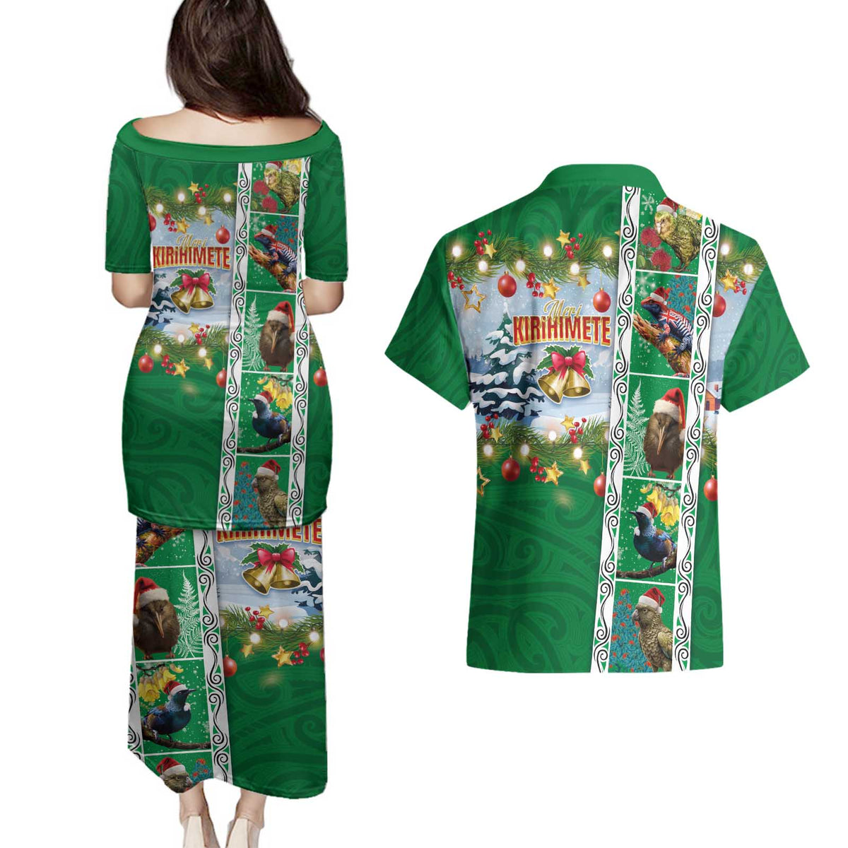 New Zealand Merry Christmas Couples Matching Puletasi and Hawaiian Shirt Maori Animals, Koru Tattoo - Green Xmas Style LT03 - Polynesian Pride
