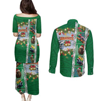 New Zealand Merry Christmas Couples Matching Puletasi and Long Sleeve Button Shirt Maori Animals, Koru Tattoo - Green Xmas Style LT03 - Polynesian Pride