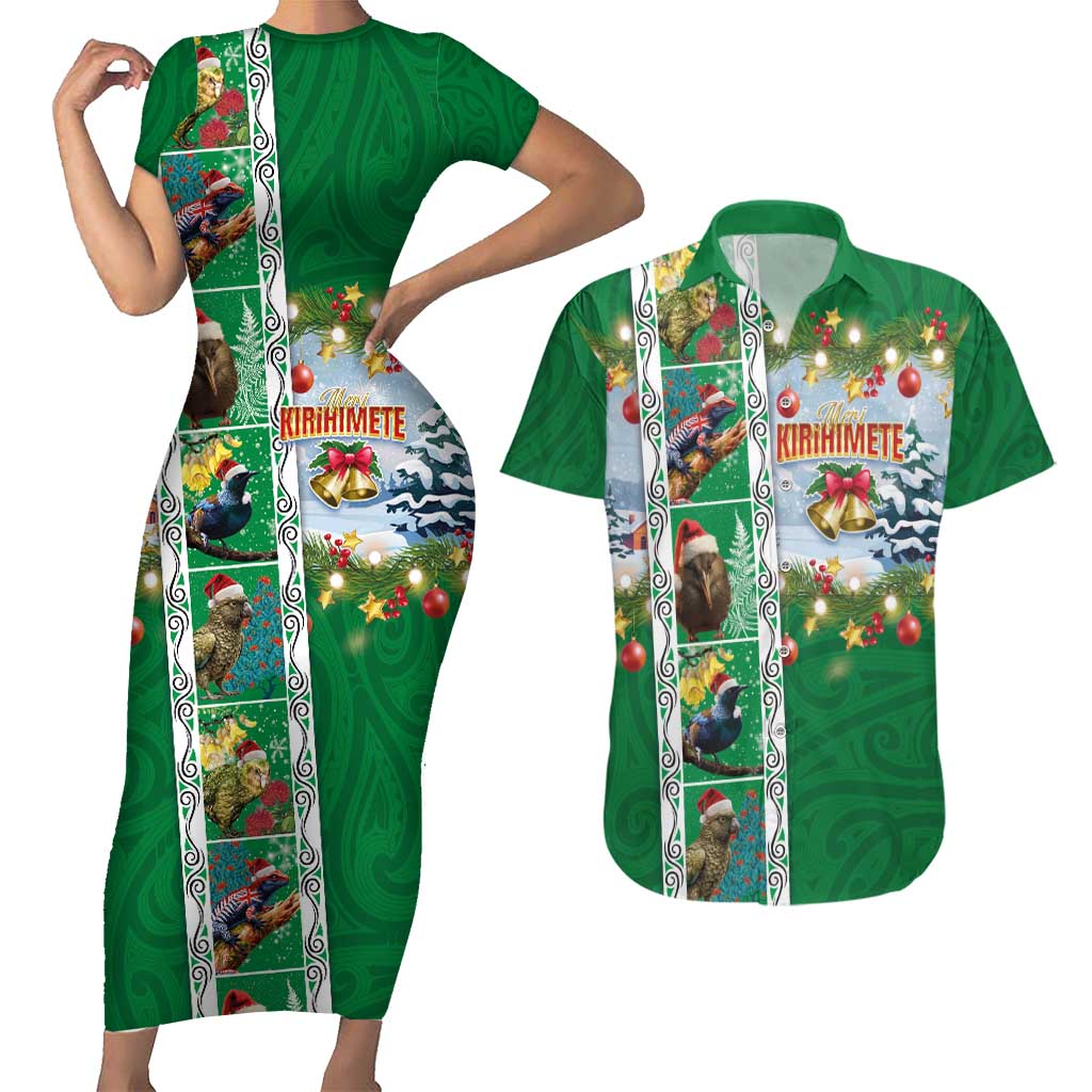 New Zealand Merry Christmas Couples Matching Short Sleeve Bodycon Dress and Hawaiian Shirt Maori Animals, Koru Tattoo - Green Xmas Style LT03 Green - Polynesian Pride