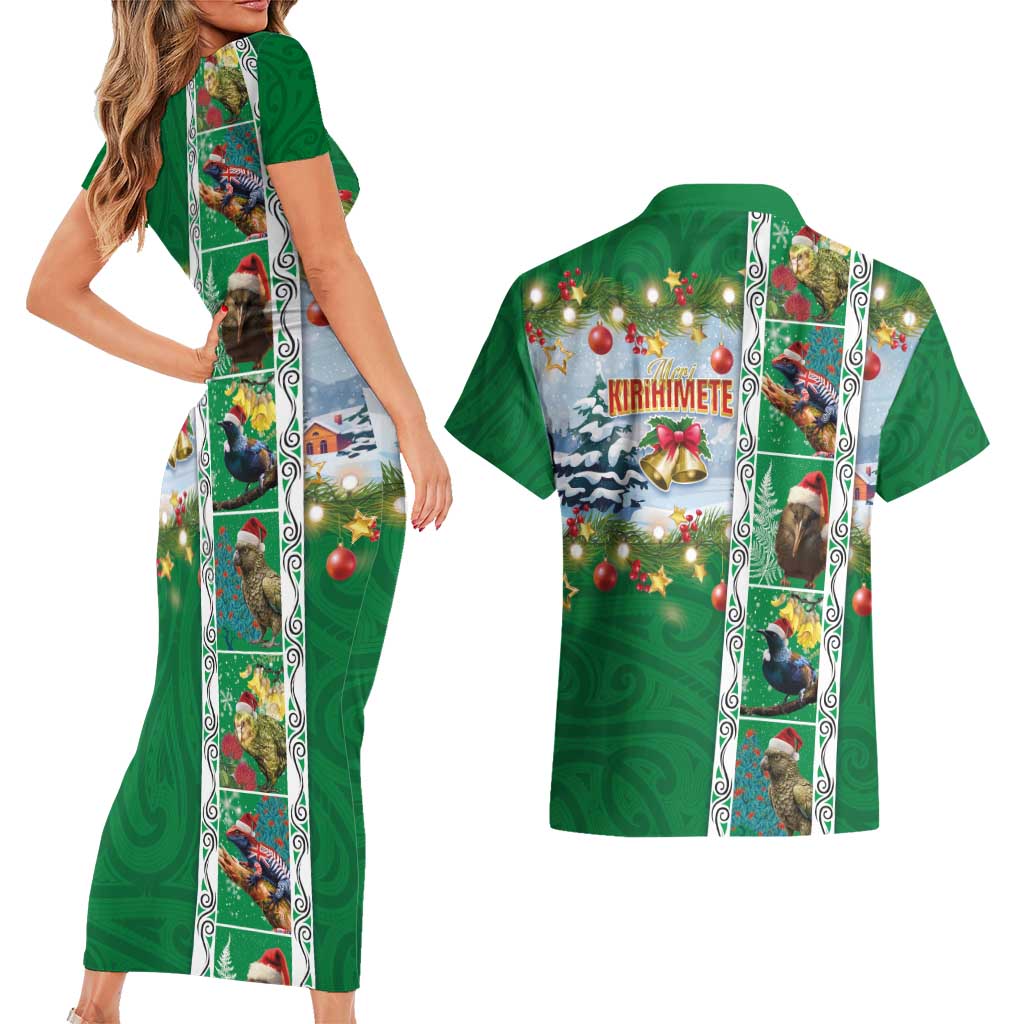 New Zealand Merry Christmas Couples Matching Short Sleeve Bodycon Dress and Hawaiian Shirt Maori Animals, Koru Tattoo - Green Xmas Style LT03 - Polynesian Pride