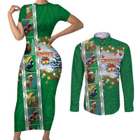 New Zealand Merry Christmas Couples Matching Short Sleeve Bodycon Dress and Long Sleeve Button Shirt Maori Animals, Koru Tattoo - Green Xmas Style LT03 Green - Polynesian Pride
