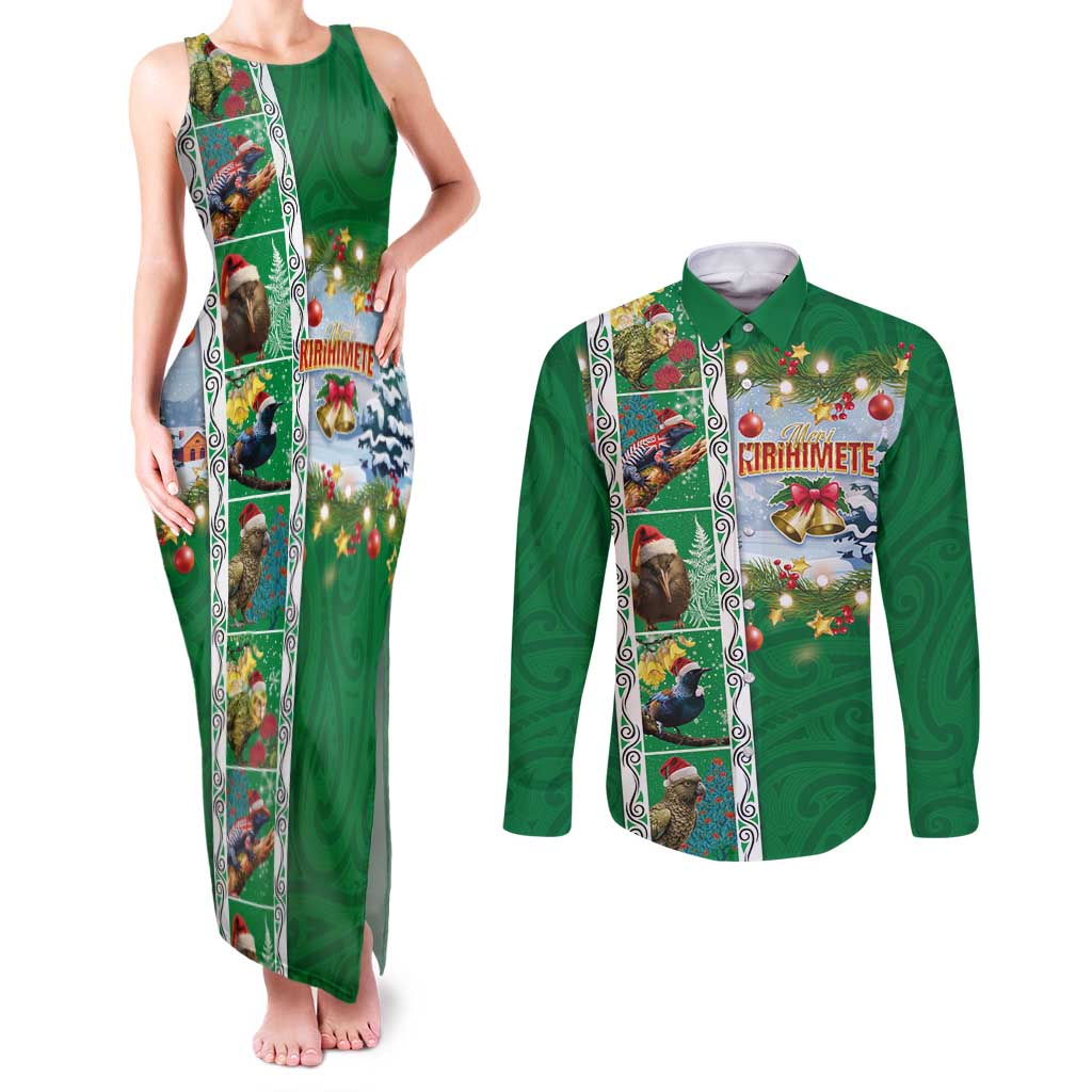 New Zealand Merry Christmas Couples Matching Tank Maxi Dress and Long Sleeve Button Shirt Maori Animals, Koru Tattoo - Green Xmas Style LT03 Green - Polynesian Pride
