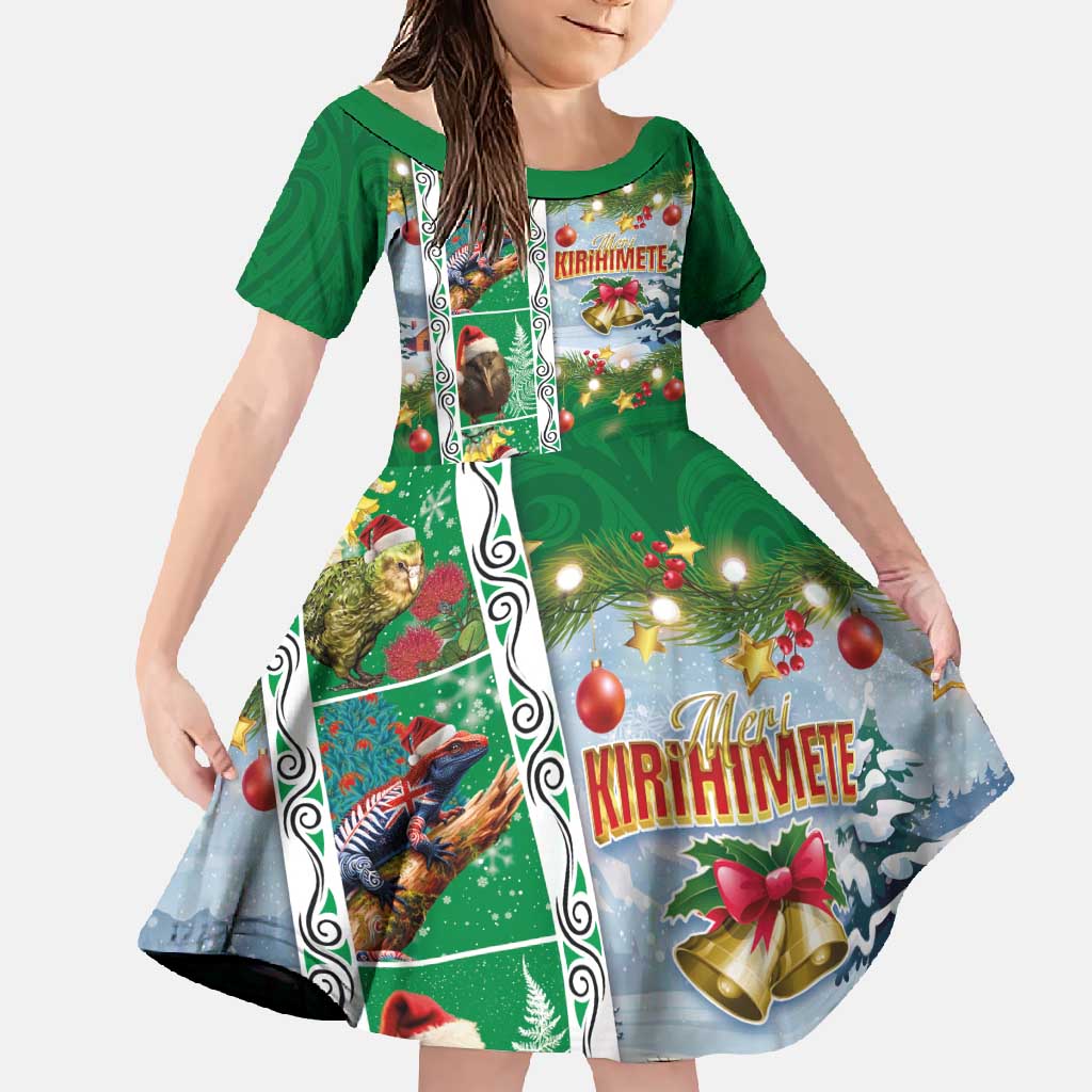 New Zealand Merry Christmas Family Matching Long Sleeve Bodycon Dress and Hawaiian Shirt Maori Animals, Koru Tattoo - Green Xmas Style LT03 Daughter's Dress Green - Polynesian Pride
