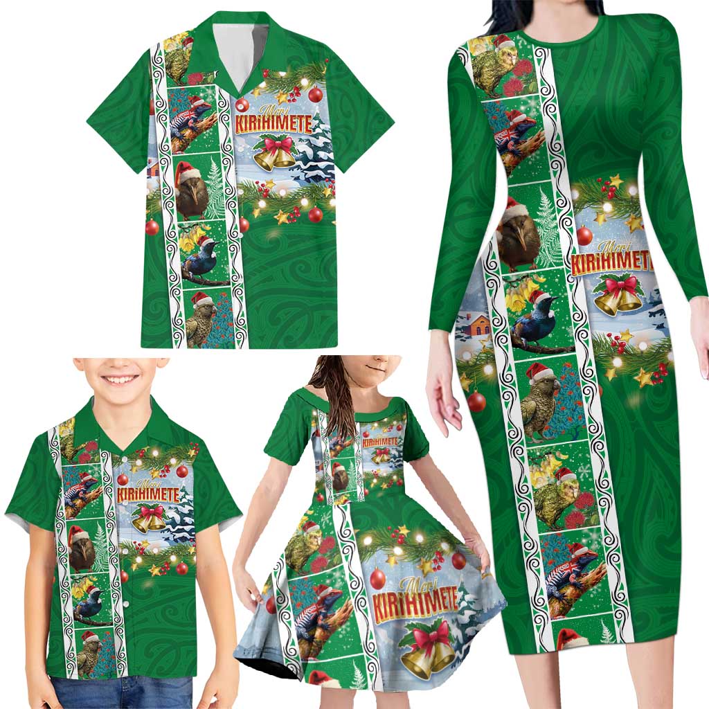 New Zealand Merry Christmas Family Matching Long Sleeve Bodycon Dress and Hawaiian Shirt Maori Animals, Koru Tattoo - Green Xmas Style LT03 - Polynesian Pride