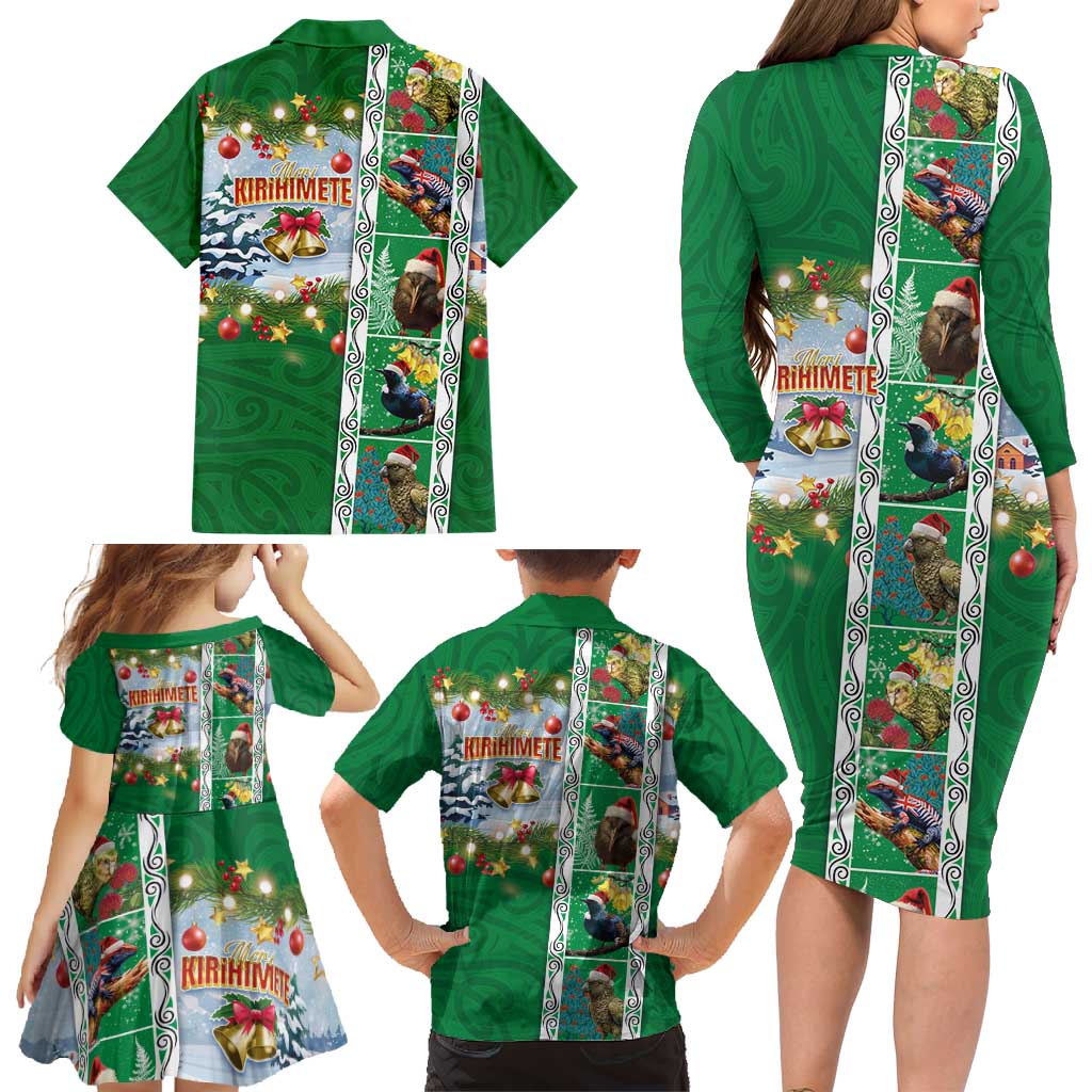 New Zealand Merry Christmas Family Matching Long Sleeve Bodycon Dress and Hawaiian Shirt Maori Animals, Koru Tattoo - Green Xmas Style LT03 - Polynesian Pride