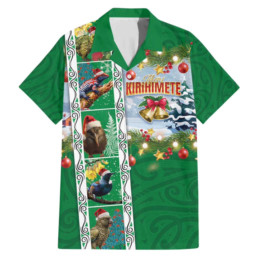 New Zealand Merry Christmas Family Matching Mermaid Dress and Hawaiian Shirt Maori Animals, Koru Tattoo - Green Xmas Style LT03 Dad's Shirt - Short Sleeve Green - Polynesian Pride