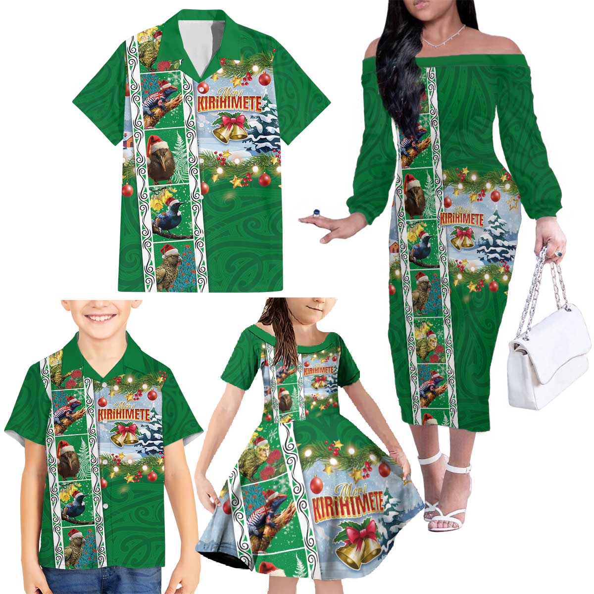 New Zealand Merry Christmas Family Matching Off The Shoulder Long Sleeve Dress and Hawaiian Shirt Maori Animals, Koru Tattoo - Green Xmas Style LT03 - Polynesian Pride