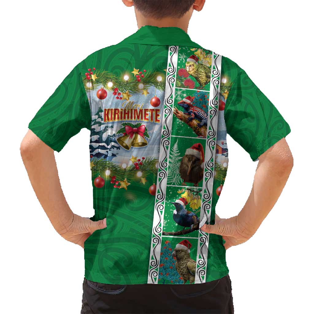 New Zealand Merry Christmas Family Matching Off Shoulder Short Dress and Hawaiian Shirt Maori Animals, Koru Tattoo - Green Xmas Style LT03 - Polynesian Pride