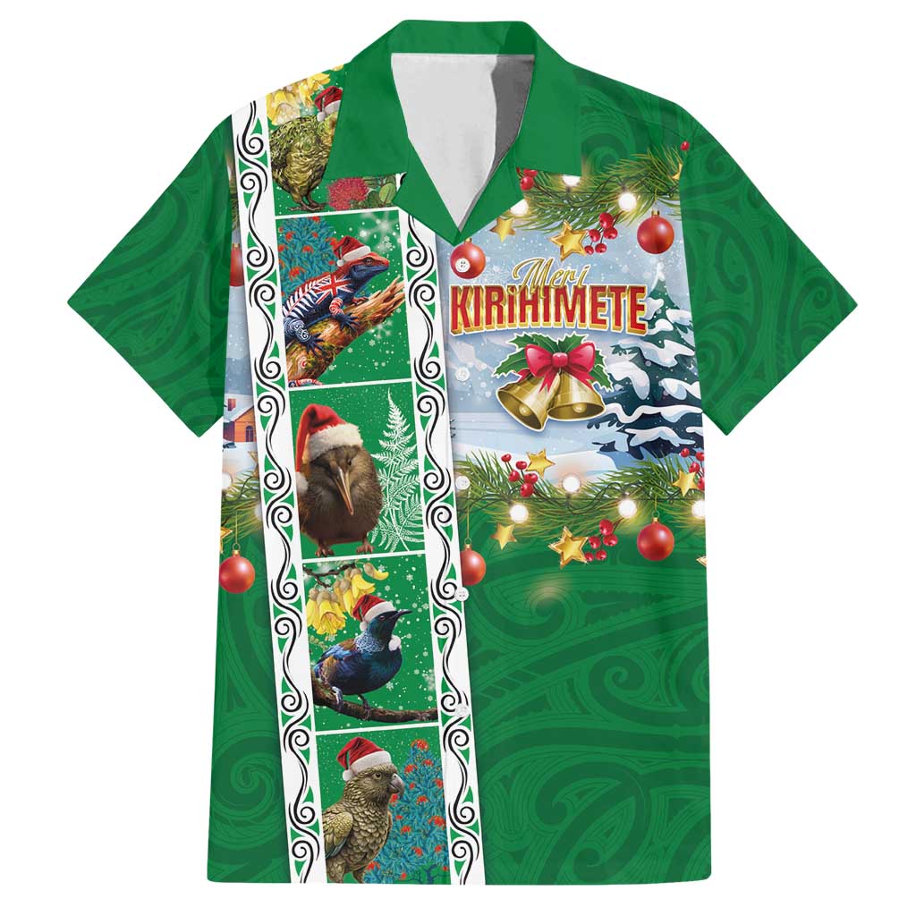New Zealand Merry Christmas Family Matching Puletasi and Hawaiian Shirt Maori Animals, Koru Tattoo - Green Xmas Style LT03 Dad's Shirt - Short Sleeve Green - Polynesian Pride