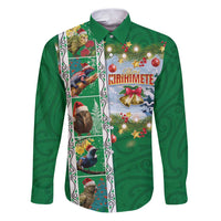 New Zealand Merry Christmas Family Matching Puletasi and Hawaiian Shirt Maori Animals, Koru Tattoo - Green Xmas Style LT03 Dad's Shirt - Long Sleeve Green - Polynesian Pride