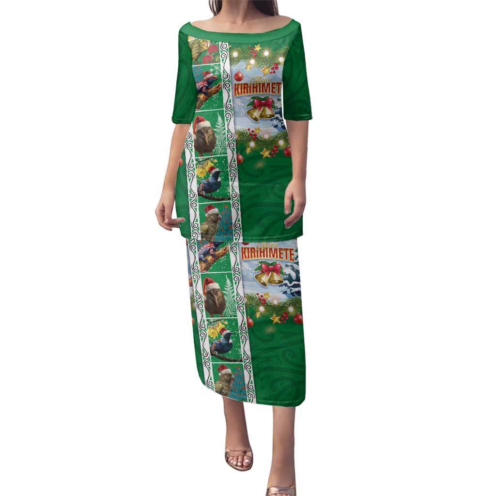 New Zealand Merry Christmas Family Matching Puletasi and Hawaiian Shirt Maori Animals, Koru Tattoo - Green Xmas Style LT03 Mom's Dress Green - Polynesian Pride
