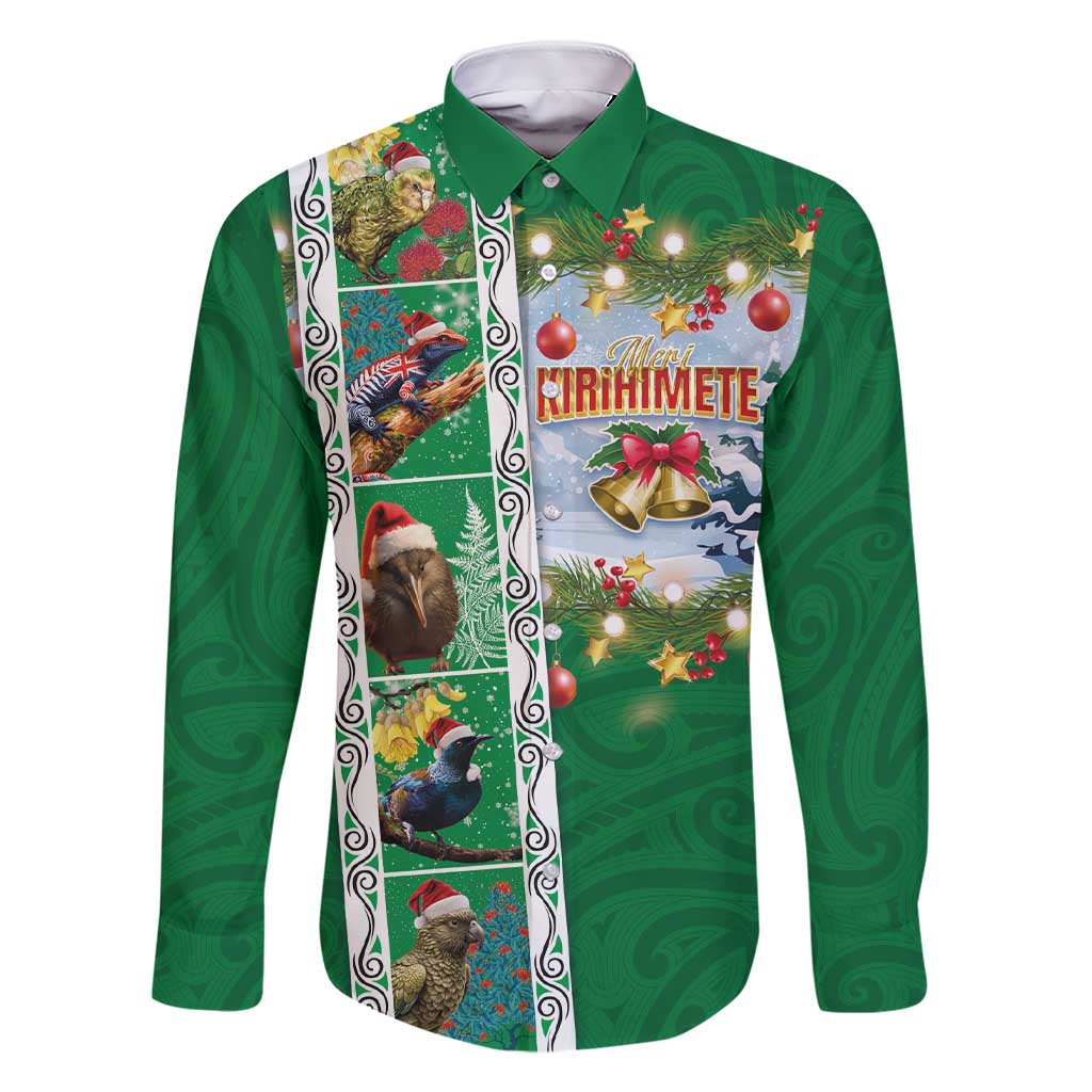 New Zealand Merry Christmas Family Matching Short Sleeve Bodycon Dress and Hawaiian Shirt Maori Animals, Koru Tattoo - Green Xmas Style LT03 Dad's Shirt - Long Sleeve Green - Polynesian Pride
