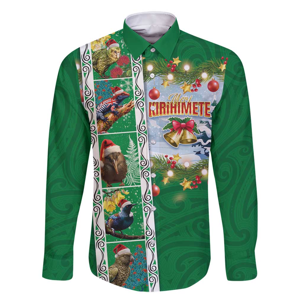 New Zealand Merry Christmas Family Matching Summer Maxi Dress and Hawaiian Shirt Maori Animals, Koru Tattoo - Green Xmas Style LT03 Dad's Shirt - Long Sleeve Green - Polynesian Pride