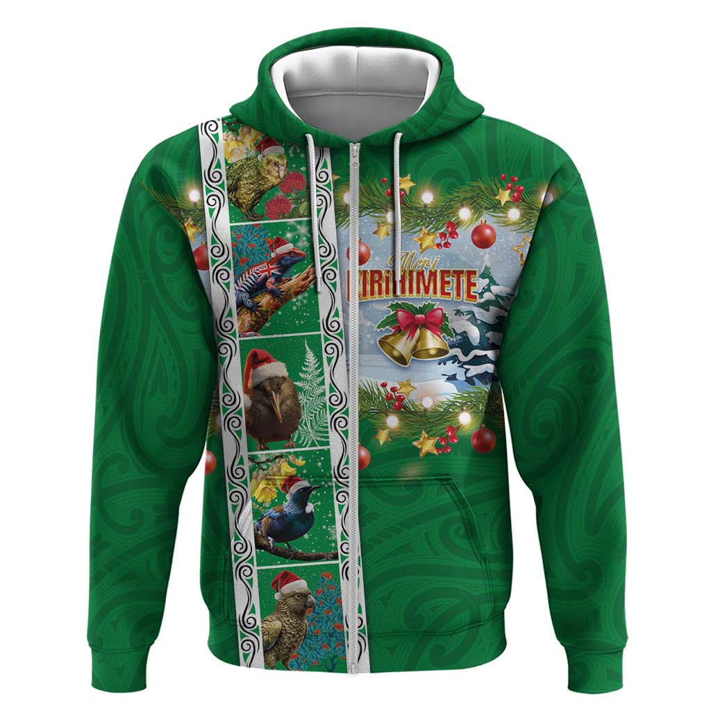 New Zealand Merry Christmas Hoodie Maori Animals, Koru Tattoo - Green Xmas Style LT03 Zip Hoodie Green - Polynesian Pride