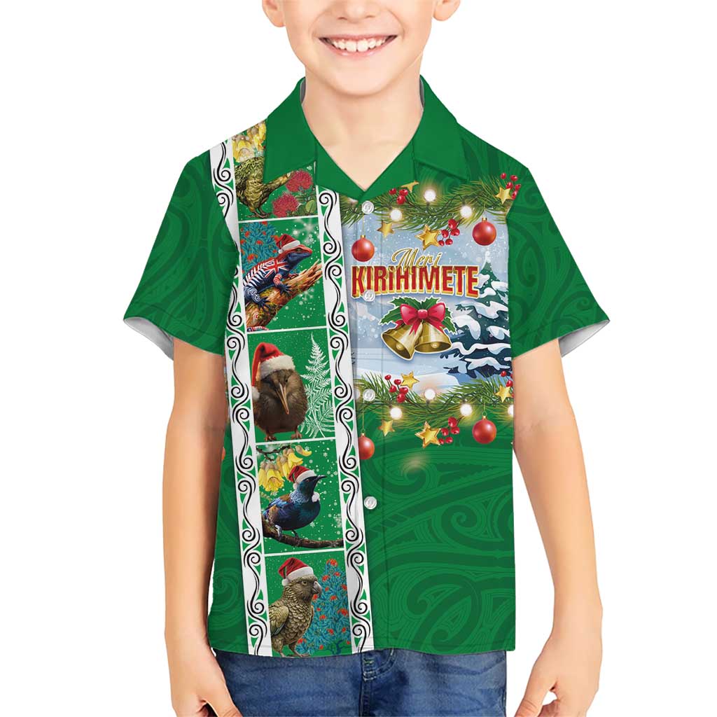 New Zealand Merry Christmas Kid Hawaiian Shirt Maori Animals, Koru Tattoo - Green Xmas Style LT03 Kid Green - Polynesian Pride