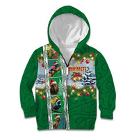 New Zealand Merry Christmas Kid Hoodie Maori Animals, Koru Tattoo - Green Xmas Style LT03 Zip Hoodie Green - Polynesian Pride