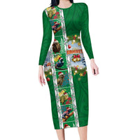 New Zealand Merry Christmas Long Sleeve Bodycon Dress Maori Animals, Koru Tattoo - Green Xmas Style LT03 Long Dress Green - Polynesian Pride