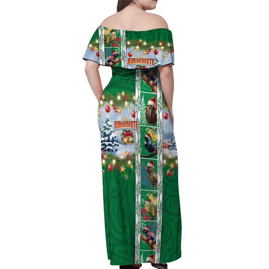 New Zealand Merry Christmas Off Shoulder Maxi Dress Maori Animals, Koru Tattoo - Green Xmas Style LT03 - Polynesian Pride