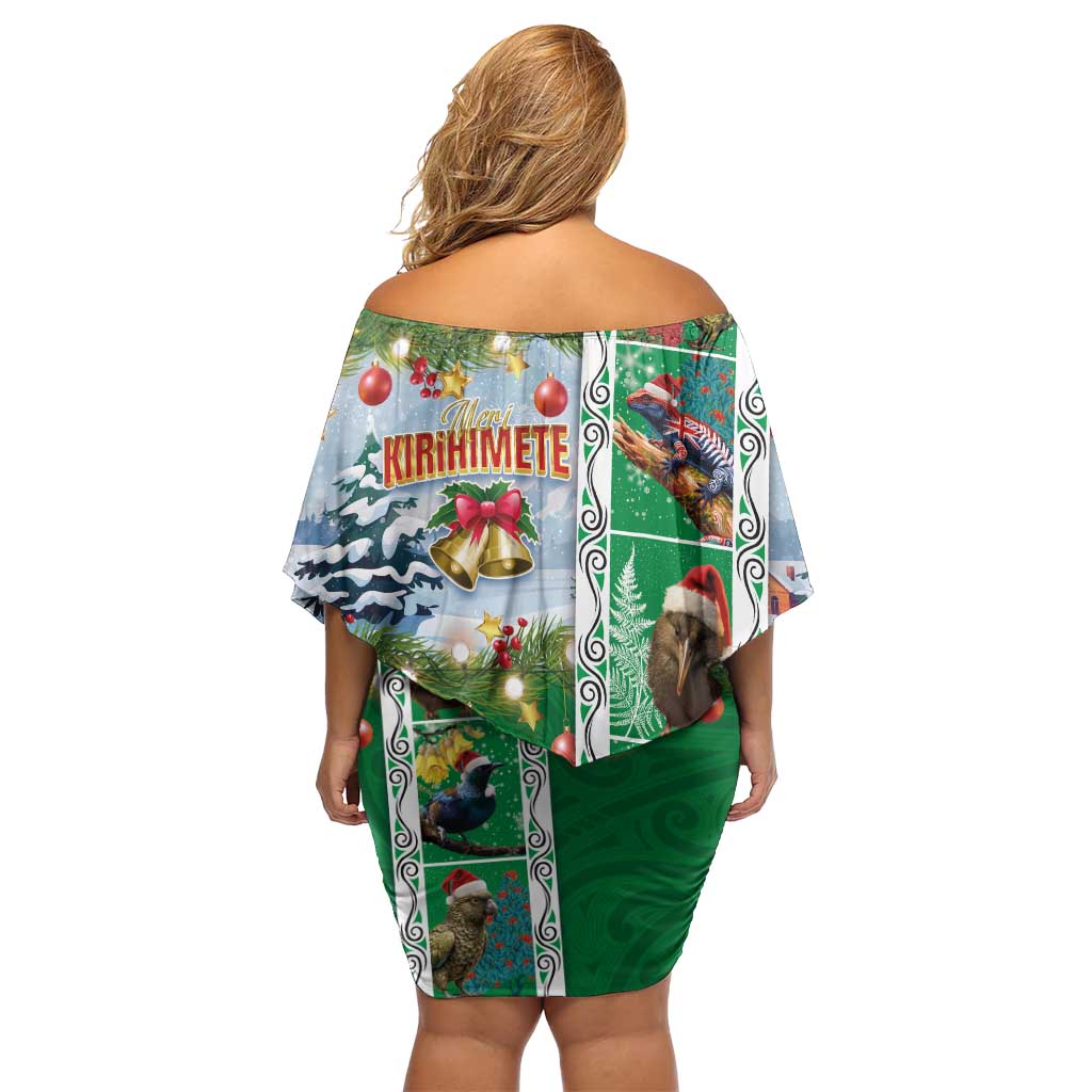 New Zealand Merry Christmas Off Shoulder Short Dress Maori Animals, Koru Tattoo - Green Xmas Style LT03 - Polynesian Pride
