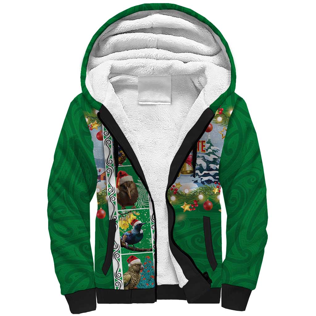 New Zealand Merry Christmas Sherpa Hoodie Maori Animals, Koru Tattoo - Green Xmas Style LT03 Unisex Green - Polynesian Pride