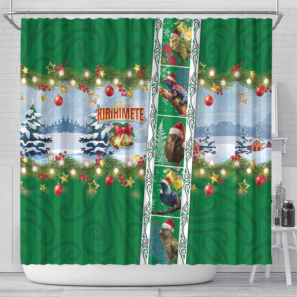 New Zealand Merry Christmas Shower Curtain Maori Animals, Koru Tattoo - Green Xmas Style LT03 - Polynesian Pride
