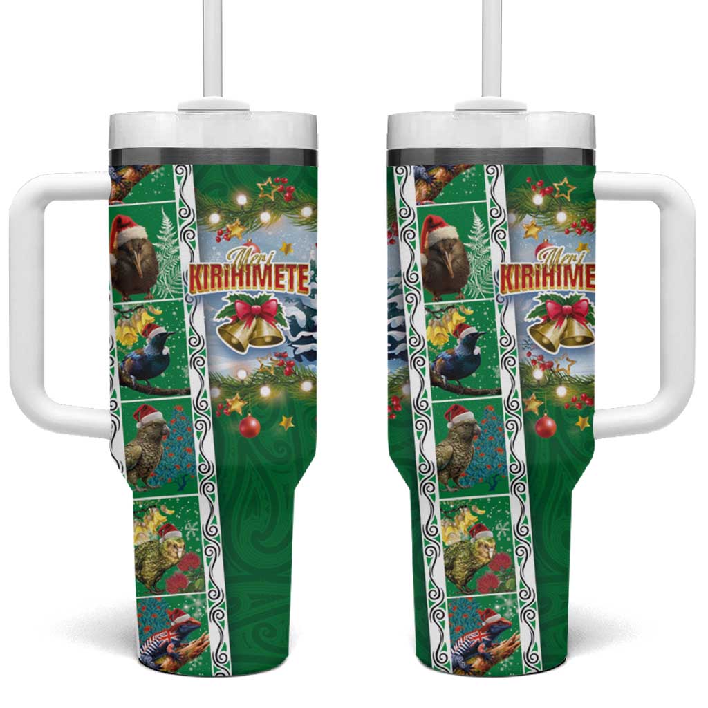 New Zealand Merry Christmas Tumbler With Handle Maori Animals Xmas Style and Koru Tattoo Green Color LT03 One Size: 40 oz Green - Polynesian Pride