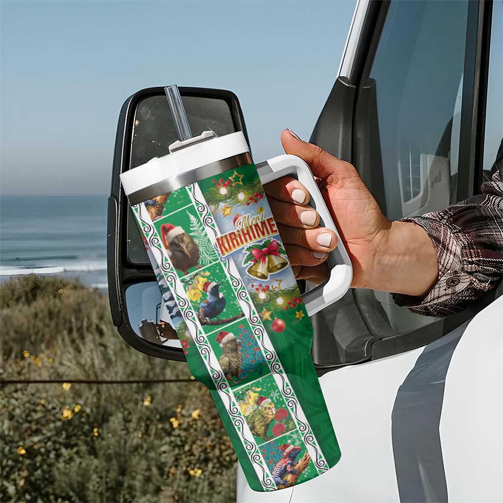 New Zealand Merry Christmas Tumbler With Handle Maori Animals Xmas Style and Koru Tattoo Green Color LT03 - Polynesian Pride