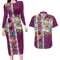 New Zealand Merry Christmas Couples Matching Long Sleeve Bodycon Dress and Hawaiian Shirt Maori Animals, Koru Tattoo - Pink Xmas Style LT03 Pink - Polynesian Pride