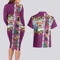 New Zealand Merry Christmas Couples Matching Long Sleeve Bodycon Dress and Hawaiian Shirt Maori Animals, Koru Tattoo - Pink Xmas Style LT03 - Polynesian Pride