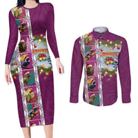 New Zealand Merry Christmas Couples Matching Long Sleeve Bodycon Dress and Long Sleeve Button Shirt Maori Animals, Koru Tattoo - Pink Xmas Style LT03 Pink - Polynesian Pride