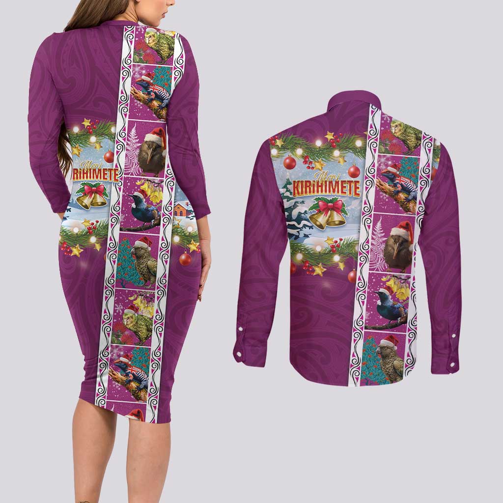 New Zealand Merry Christmas Couples Matching Long Sleeve Bodycon Dress and Long Sleeve Button Shirt Maori Animals, Koru Tattoo - Pink Xmas Style LT03 - Polynesian Pride
