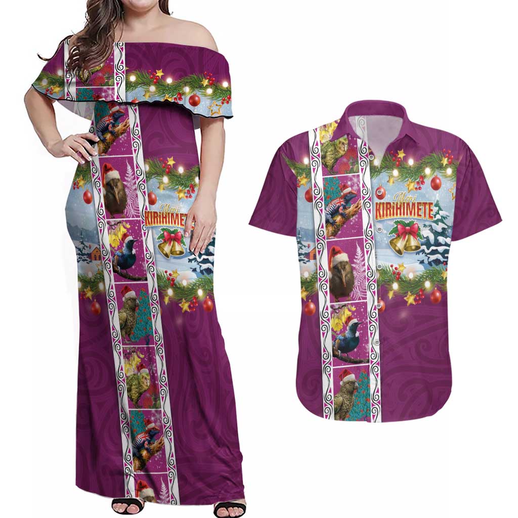 New Zealand Merry Christmas Couples Matching Off Shoulder Maxi Dress and Hawaiian Shirt Maori Animals, Koru Tattoo - Pink Xmas Style LT03 Pink - Polynesian Pride