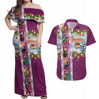 New Zealand Merry Christmas Couples Matching Off Shoulder Maxi Dress and Hawaiian Shirt Maori Animals, Koru Tattoo - Pink Xmas Style LT03 Pink - Polynesian Pride