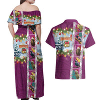 New Zealand Merry Christmas Couples Matching Off Shoulder Maxi Dress and Hawaiian Shirt Maori Animals, Koru Tattoo - Pink Xmas Style LT03 - Polynesian Pride