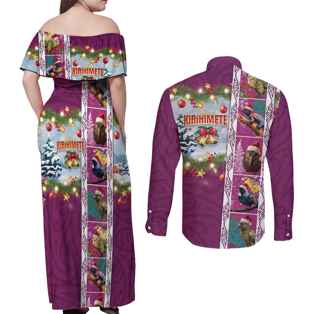 New Zealand Merry Christmas Couples Matching Off Shoulder Maxi Dress and Long Sleeve Button Shirt Maori Animals, Koru Tattoo - Pink Xmas Style LT03 - Polynesian Pride
