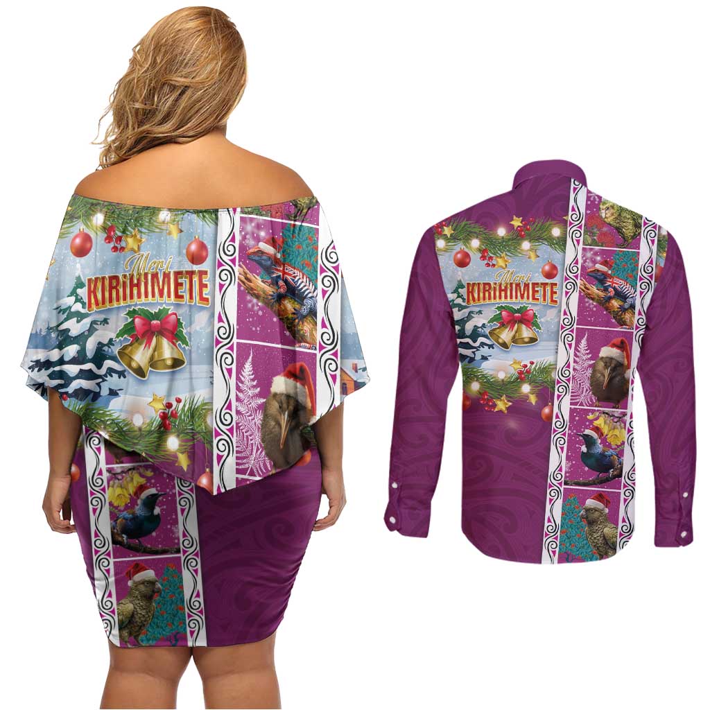 New Zealand Merry Christmas Couples Matching Off Shoulder Short Dress and Long Sleeve Button Shirt Maori Animals, Koru Tattoo - Pink Xmas Style LT03 - Polynesian Pride