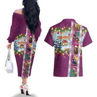 New Zealand Merry Christmas Couples Matching Off The Shoulder Long Sleeve Dress and Hawaiian Shirt Maori Animals, Koru Tattoo - Pink Xmas Style LT03 - Polynesian Pride