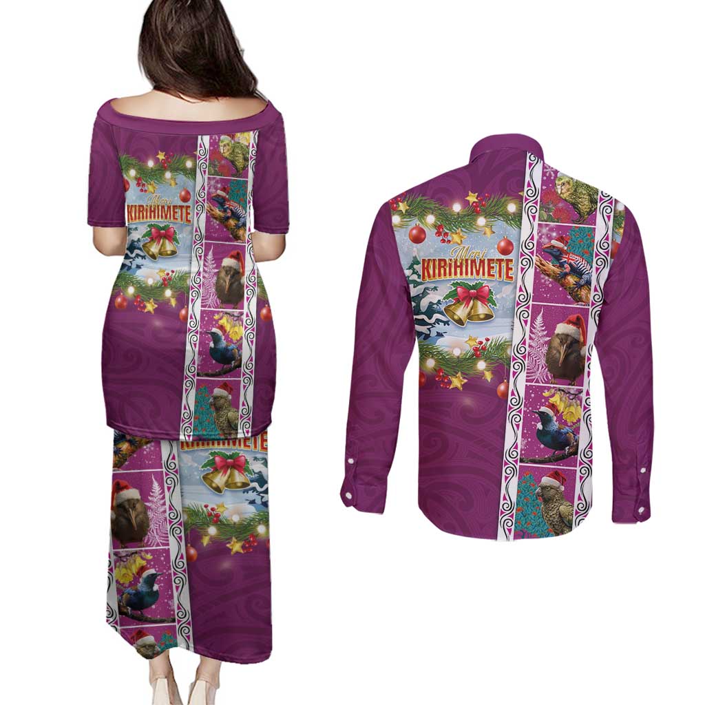 New Zealand Merry Christmas Couples Matching Puletasi and Long Sleeve Button Shirt Maori Animals, Koru Tattoo - Pink Xmas Style LT03 - Polynesian Pride