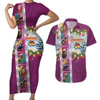 New Zealand Merry Christmas Couples Matching Short Sleeve Bodycon Dress and Hawaiian Shirt Maori Animals, Koru Tattoo - Pink Xmas Style LT03 Pink - Polynesian Pride