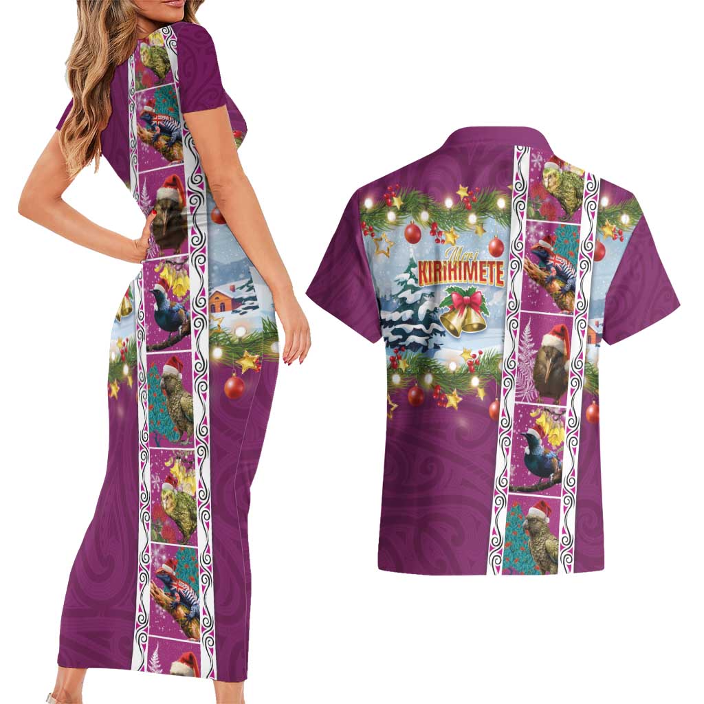 New Zealand Merry Christmas Couples Matching Short Sleeve Bodycon Dress and Hawaiian Shirt Maori Animals, Koru Tattoo - Pink Xmas Style LT03 - Polynesian Pride