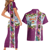 New Zealand Merry Christmas Couples Matching Short Sleeve Bodycon Dress and Hawaiian Shirt Maori Animals, Koru Tattoo - Pink Xmas Style LT03 - Polynesian Pride