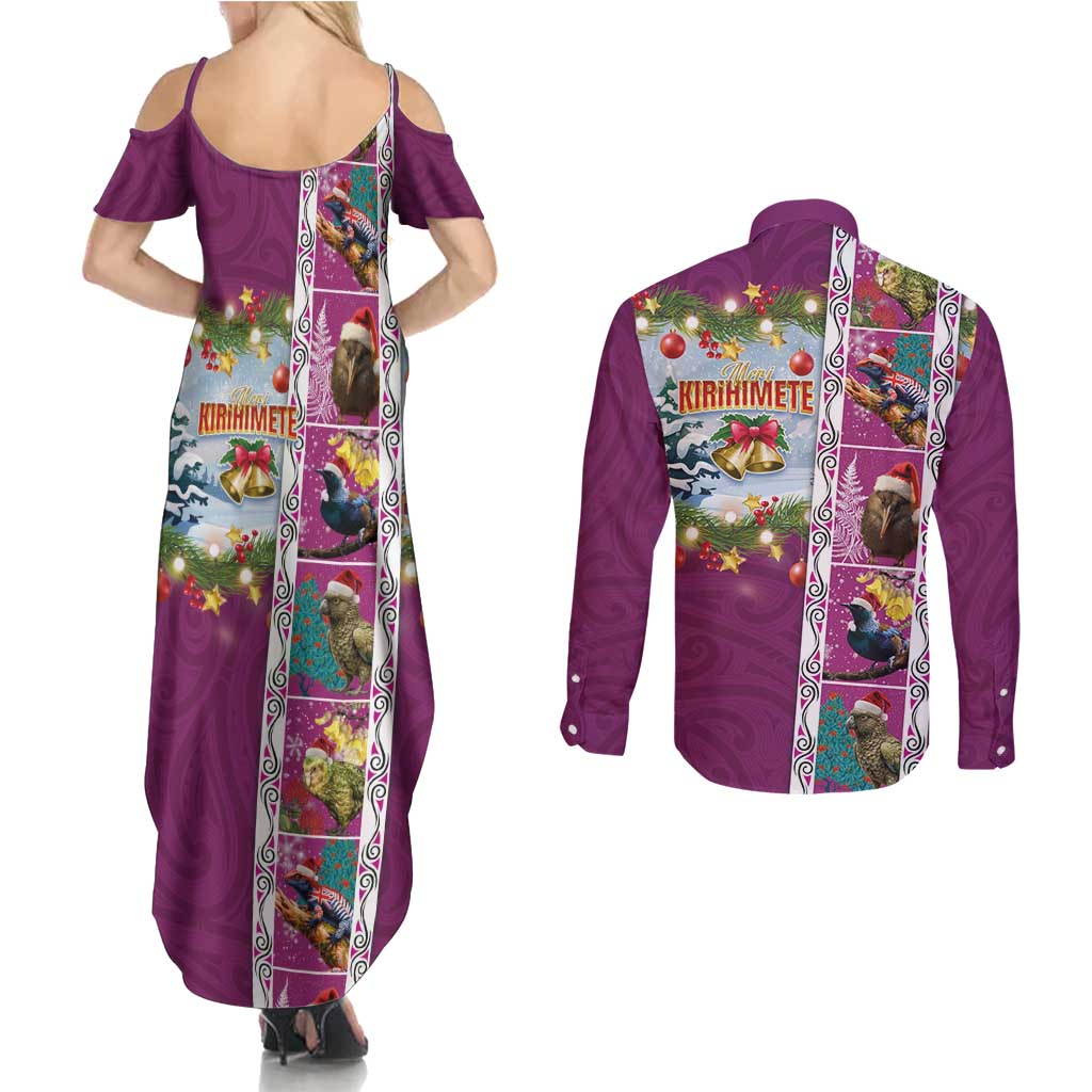 New Zealand Merry Christmas Couples Matching Summer Maxi Dress and Long Sleeve Button Shirt Maori Animals, Koru Tattoo - Pink Xmas Style LT03 - Polynesian Pride